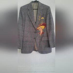 Gray Blazer with Embroidered Lady Design